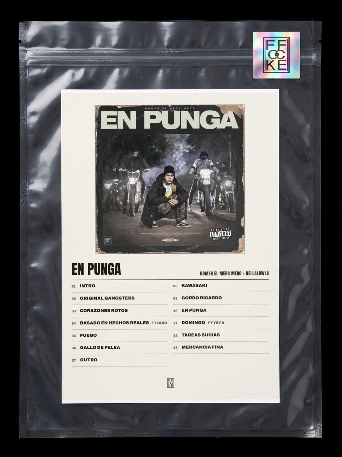 Póster de En Punga de Homer El Mero Mero × Dellalowla en una bolsa sellada con sticker FFOCKE