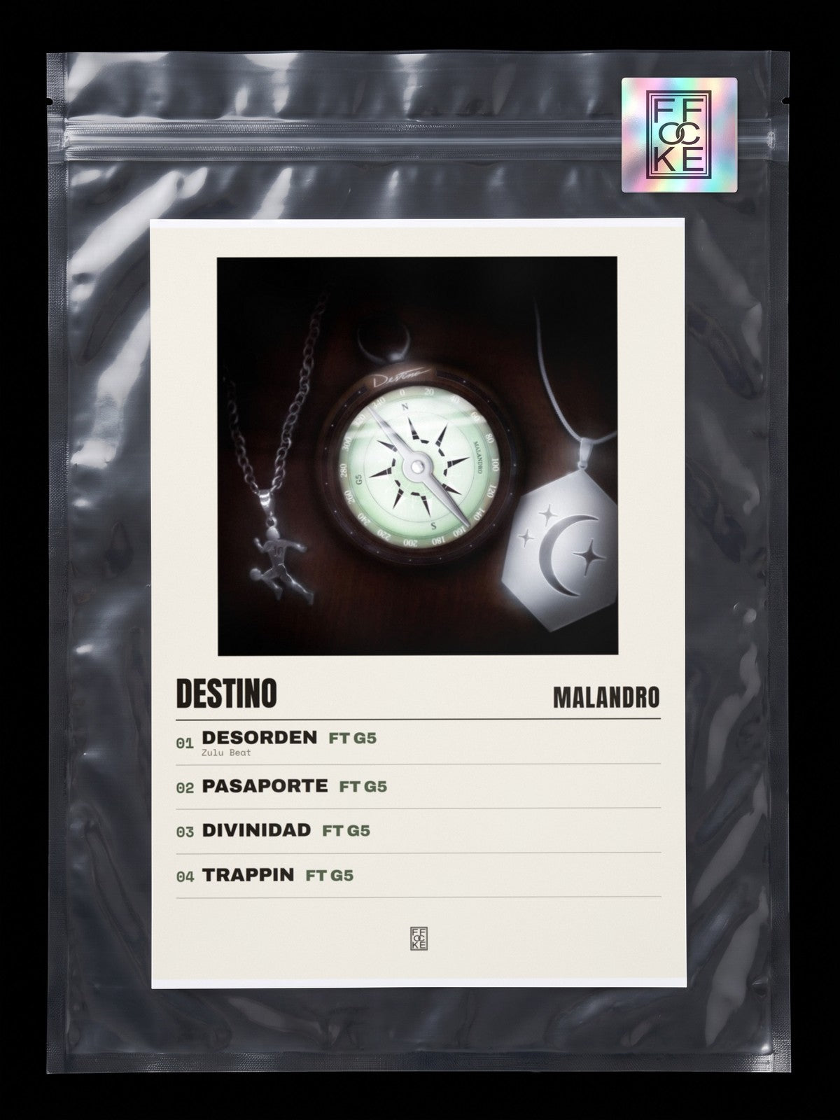 Póster de Destino de Malandro en una bolsa sellada con sticker FFOCKE