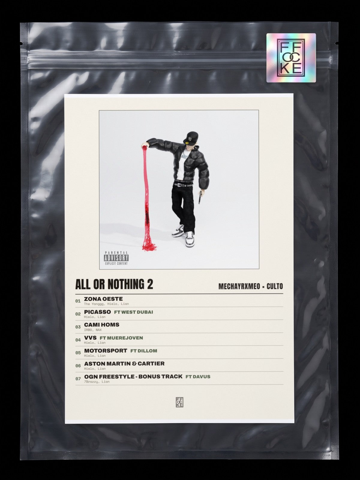 Póster de ALL OR NOTHING 2 de MECHAYRXMEO × CULTO en una bolsa sellada con sticker FFOCKE