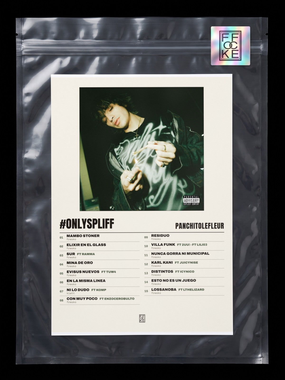 Póster de #ONLYSPLIFF de PanchitoLeFleur en una bolsa sellada con sticker FFOCKE