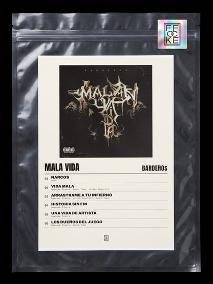 Póster de Mala Vida de Bardero$ en una bolsa sellada con sticker FFOCKE