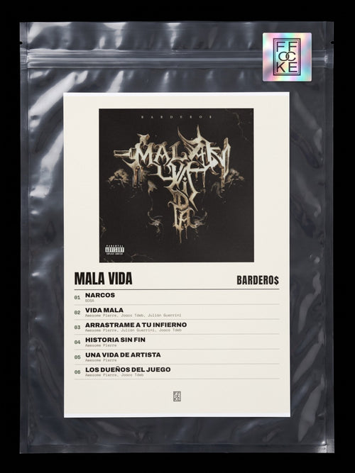 Póster de Mala Vida de Bardero$ en una bolsa sellada con sticker FFOCKE
