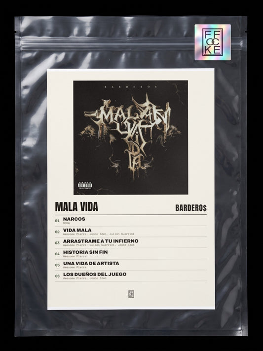 Póster de Mala Vida de Bardero$ en una bolsa sellada con sticker FFOCKE