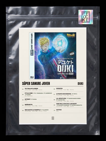 Póster de Súper Sangre Joven de Duki en una bolsa sellada con sticker FFOCKE