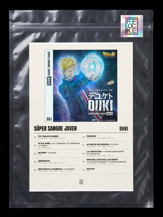 Póster de Súper Sangre Joven de Duki en una bolsa sellada con sticker FFOCKE