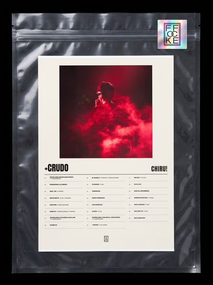 Póster de +Crudo de Chiru! en una bolsa sellada con sticker FFOCKE
