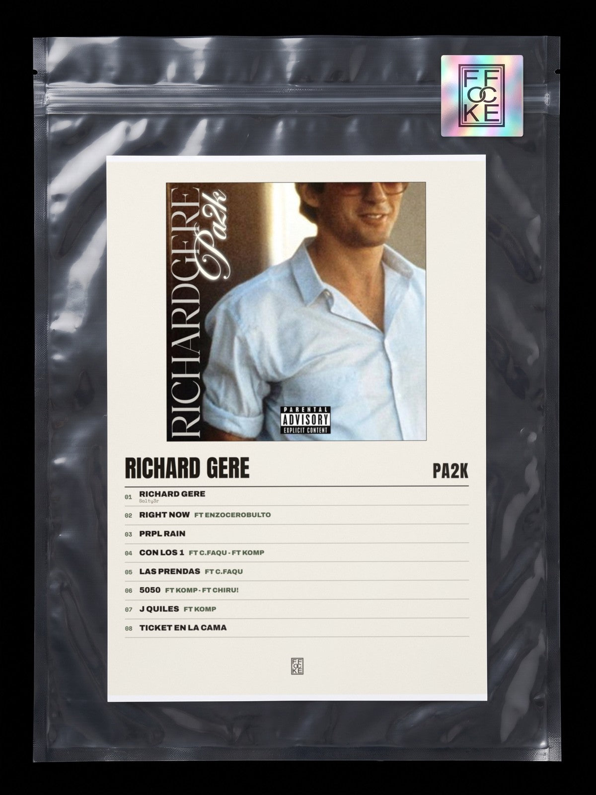 Póster de Richard Gere de Pa2k en una bolsa sellada con sticker FFOCKE