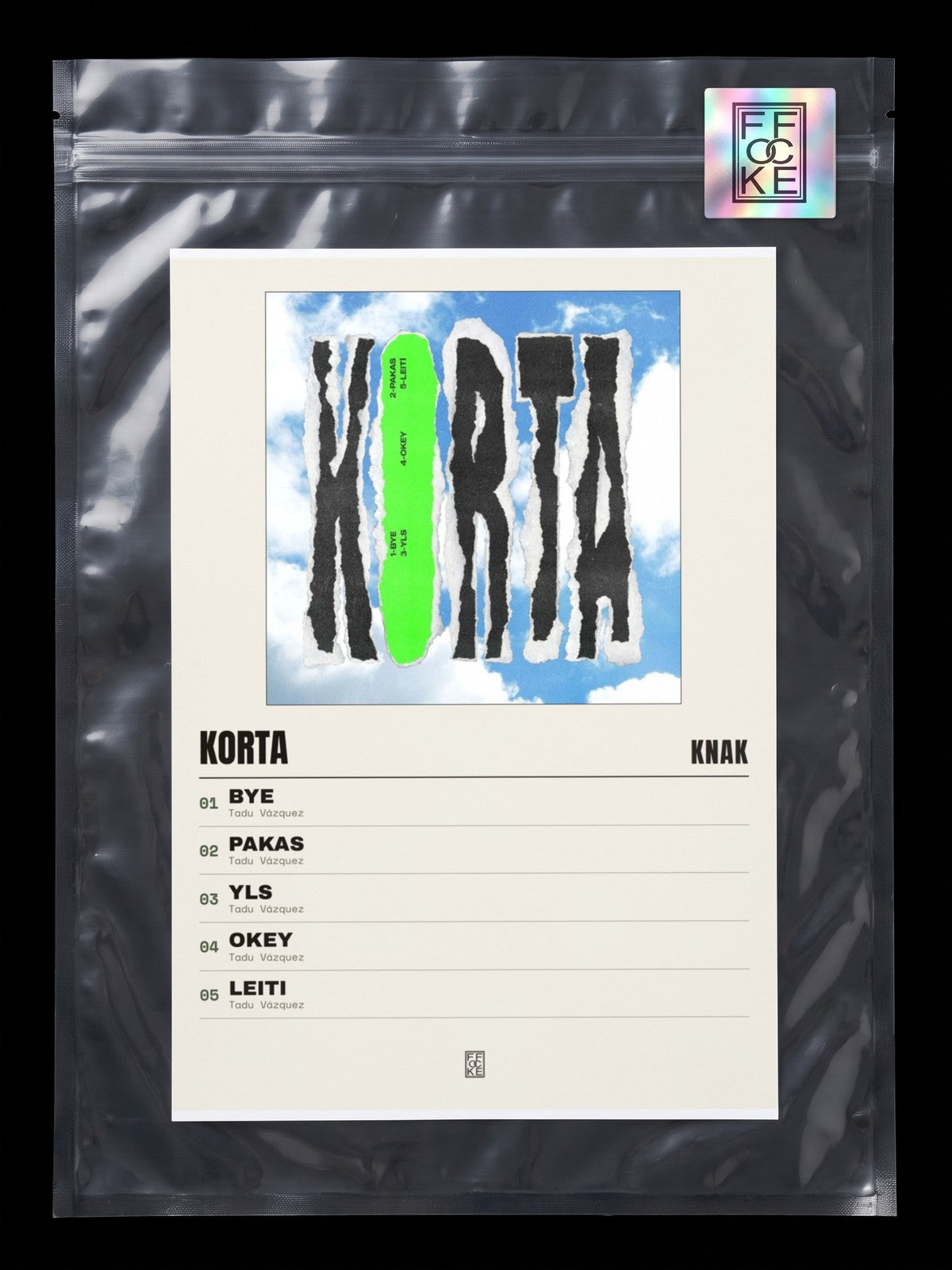 Póster de Korta de Knak en una bolsa sellada con sticker FFOCKE