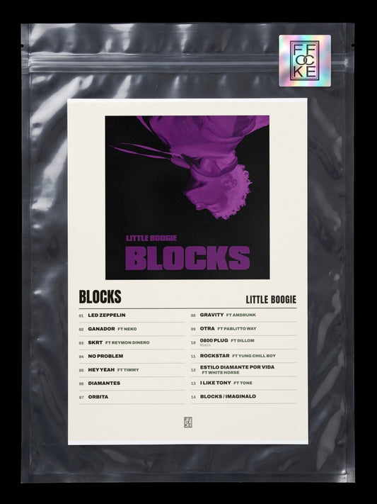 Póster de Blocks de Little Boogie en una bolsa sellada con sticker FFOCKE