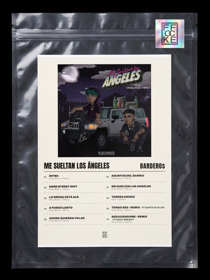Póster de Me Sueltan los Ángeles de Bardero$ × Grey Music Family en una bolsa sellada con sticker FFOCKE