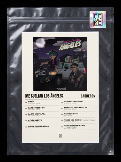 Póster de Me Sueltan los Ángeles de Bardero$ × Grey Music Family en una bolsa sellada con sticker FFOCKE