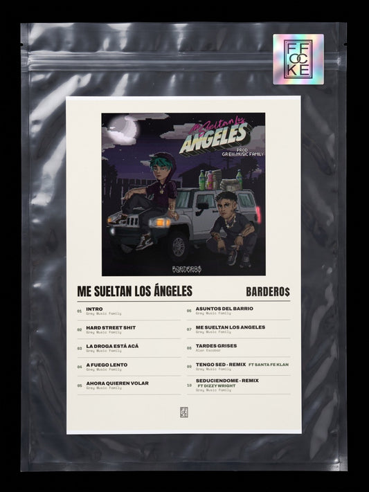 Póster de Me Sueltan los Ángeles de Bardero$ × Grey Music Family en una bolsa sellada con sticker FFOCKE