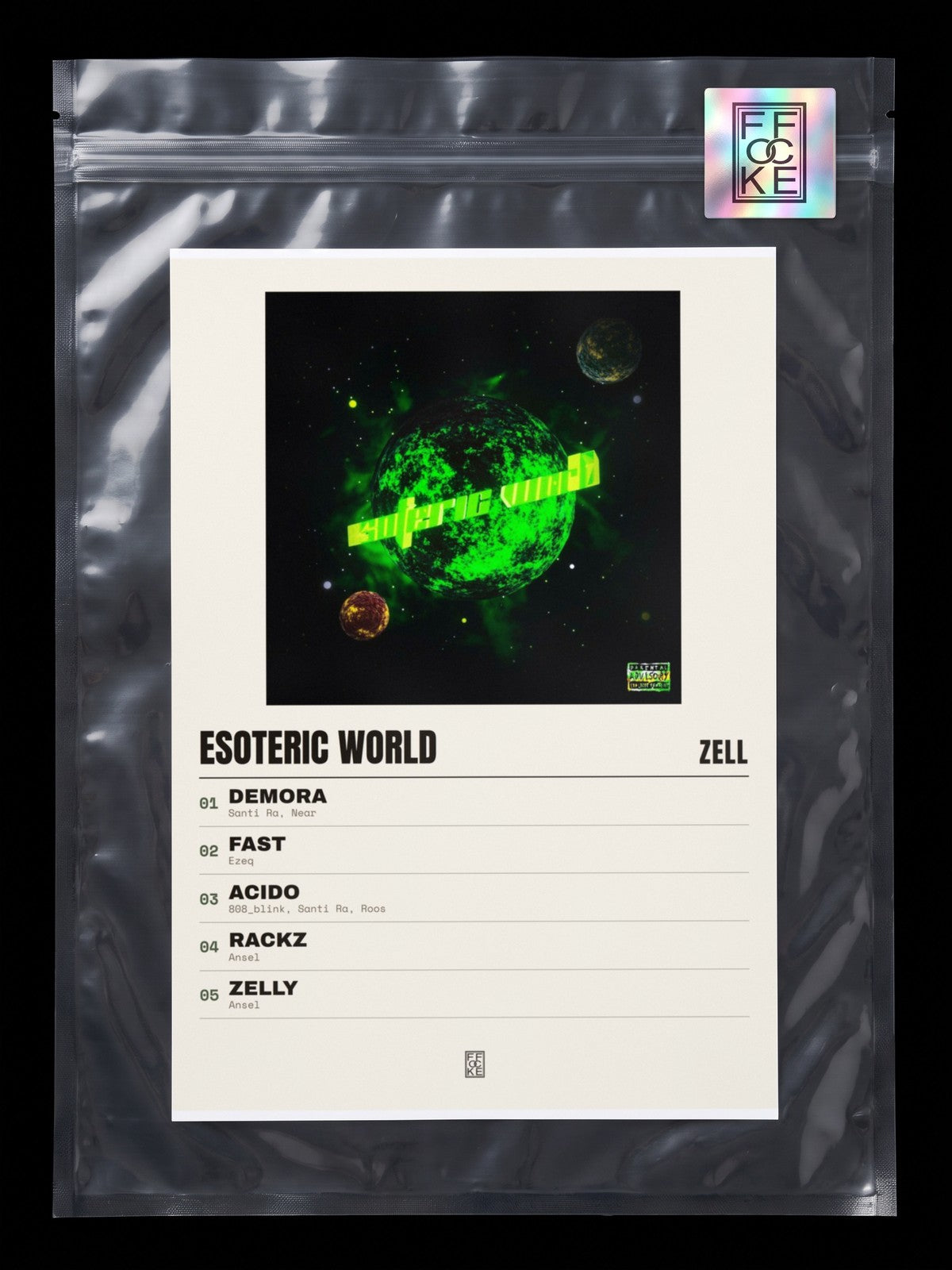 Póster de Esoteric World de Zell en una bolsa sellada con sticker FFOCKE
