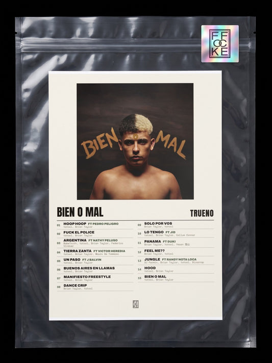 Póster de BIEN O MAL de Trueno en una bolsa sellada con sticker FFOCKE