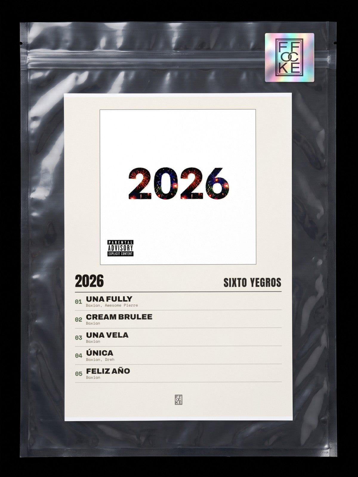 Póster de 2026 de Sixto Yegros en una bolsa sellada con sticker FFOCKE
