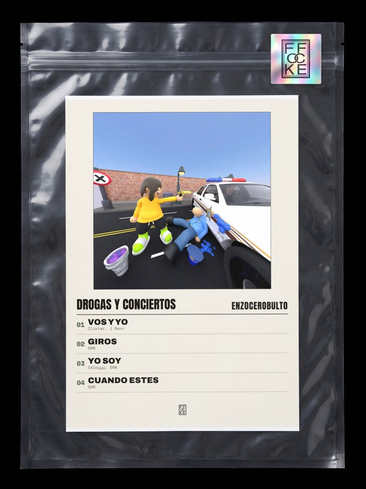 Póster de Drogas y Conciertos de enzocerobulto en una bolsa sellada con sticker FFOCKE