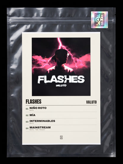 Póster de Flashes de Valuto en una bolsa sellada con sticker FFOCKE