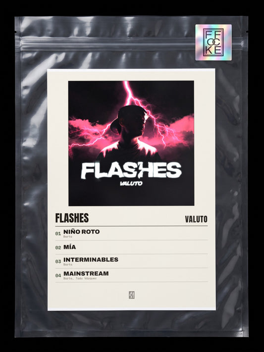 Póster de Flashes de Valuto en una bolsa sellada con sticker FFOCKE