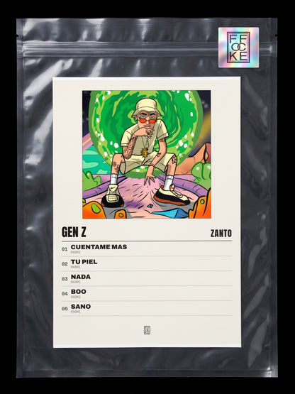 Póster de Gen Z de Zanto en una bolsa sellada con sticker FFOCKE