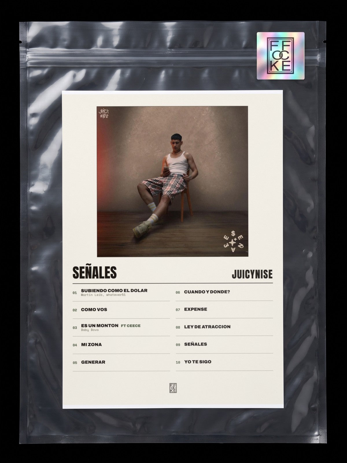Póster de Señales de JuicyNise en una bolsa sellada con sticker FFOCKE