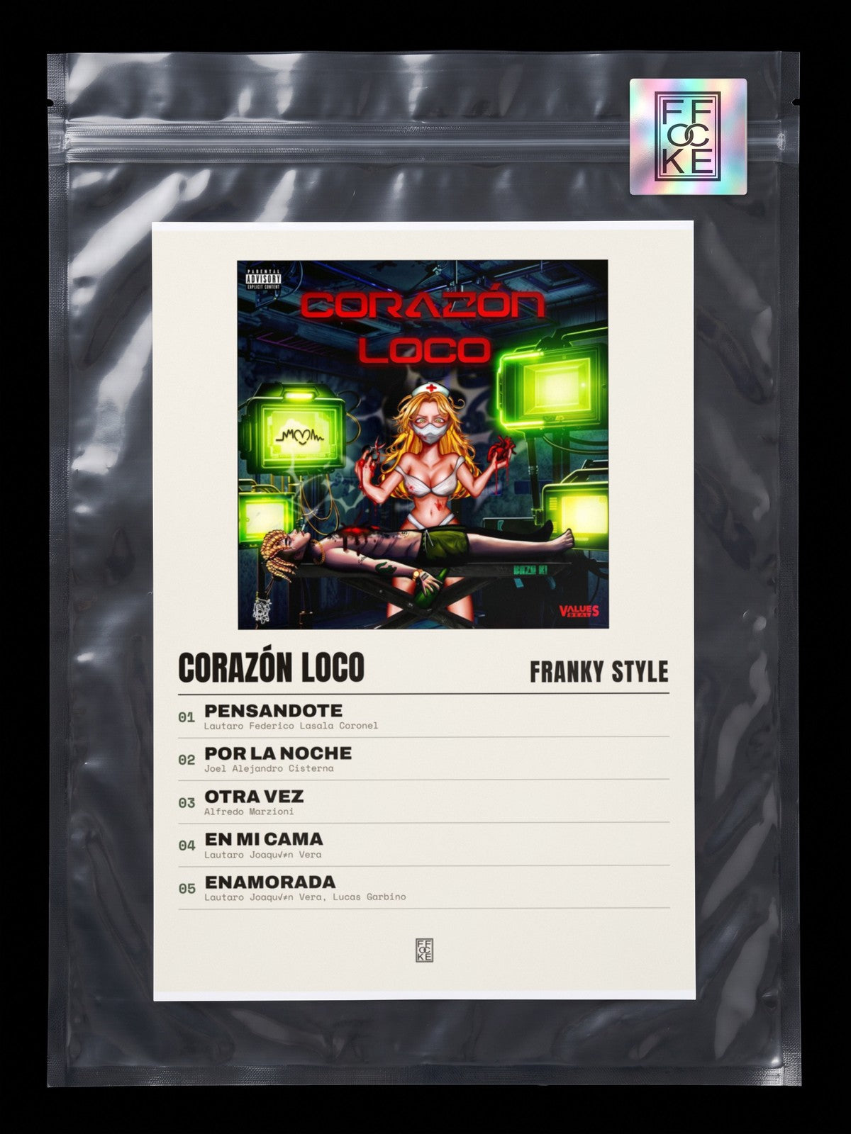 Póster de Corazón Loco de Franky Style en una bolsa sellada con sticker FFOCKE