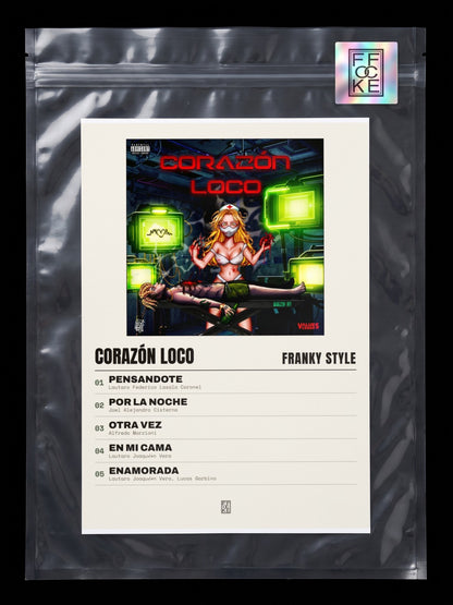 Póster de Corazón Loco de Franky Style en una bolsa sellada con sticker FFOCKE