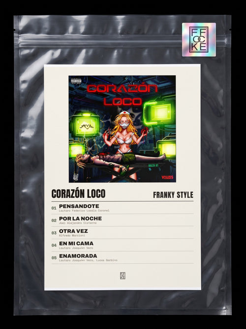 Póster de Corazón Loco de Franky Style en una bolsa sellada con sticker FFOCKE