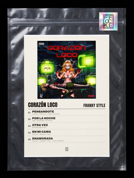 Póster de Corazón Loco de Franky Style en una bolsa sellada con sticker FFOCKE