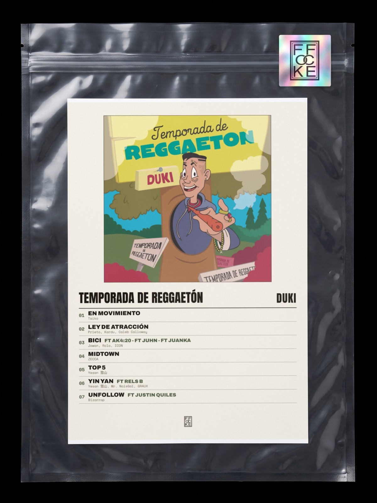 Póster de Temporada de Reggaetón de Duki en una bolsa sellada con sticker FFOCKE