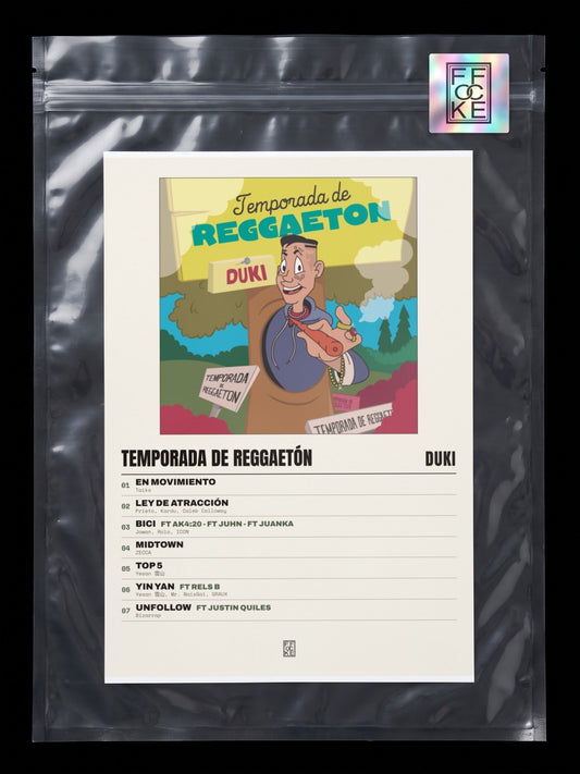 Póster de Temporada de Reggaetón de Duki en una bolsa sellada con sticker FFOCKE
