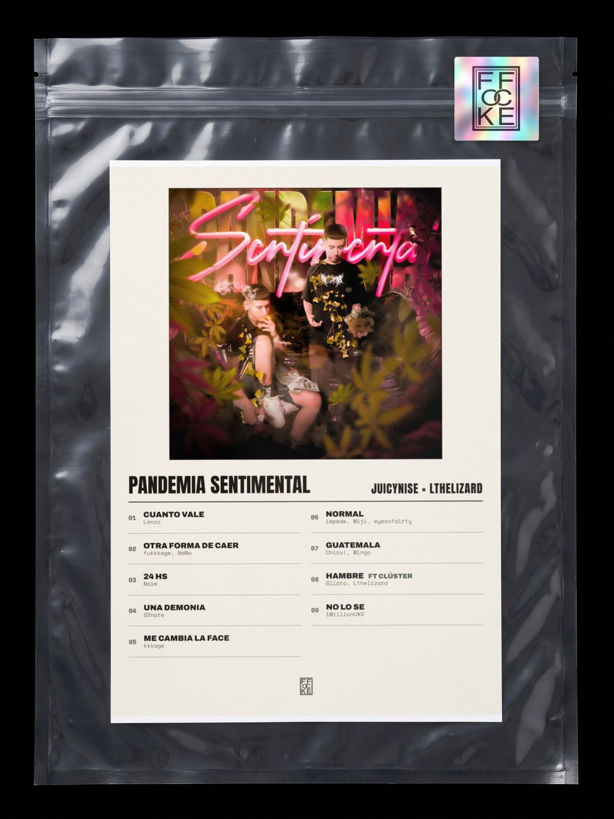 Póster de Pandemia Sentimental de JuicyNise × Lthelizard en una bolsa sellada con sticker FFOCKE