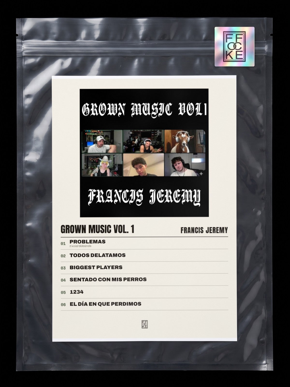 Póster de GROWN MUSIC VOL. 1 de Francis Jeremy en una bolsa sellada con sticker FFOCKE