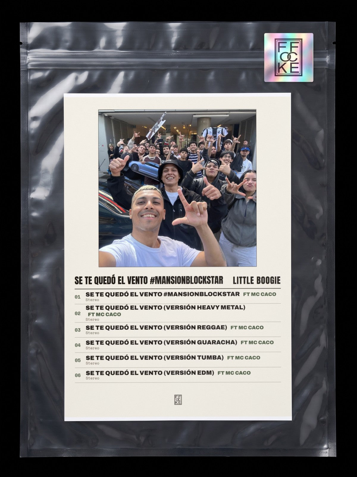 Póster de SE TE QUEDÓ EL VENTO #MANSIONBLOCKSTAR de Little Boogie en una bolsa sellada con sticker FFOCKE