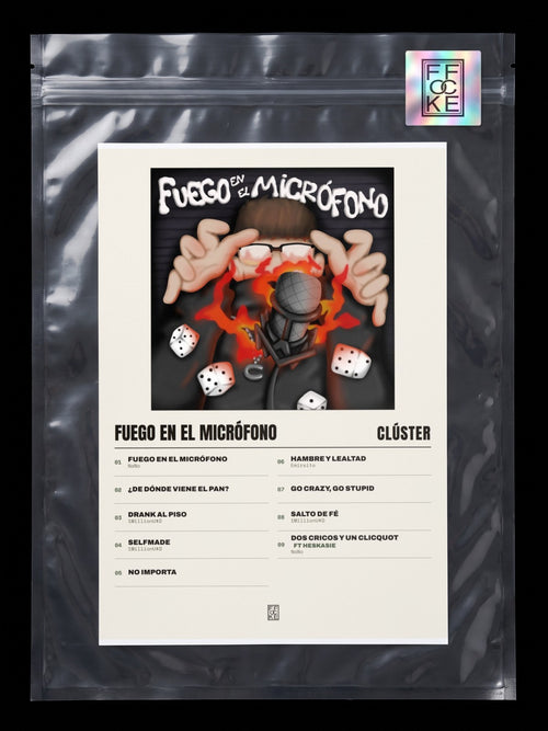Póster de Fuego en el Micrófono de Clúster en una bolsa sellada con sticker FFOCKE