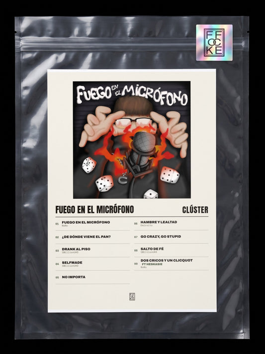 Póster de Fuego en el Micrófono de Clúster en una bolsa sellada con sticker FFOCKE