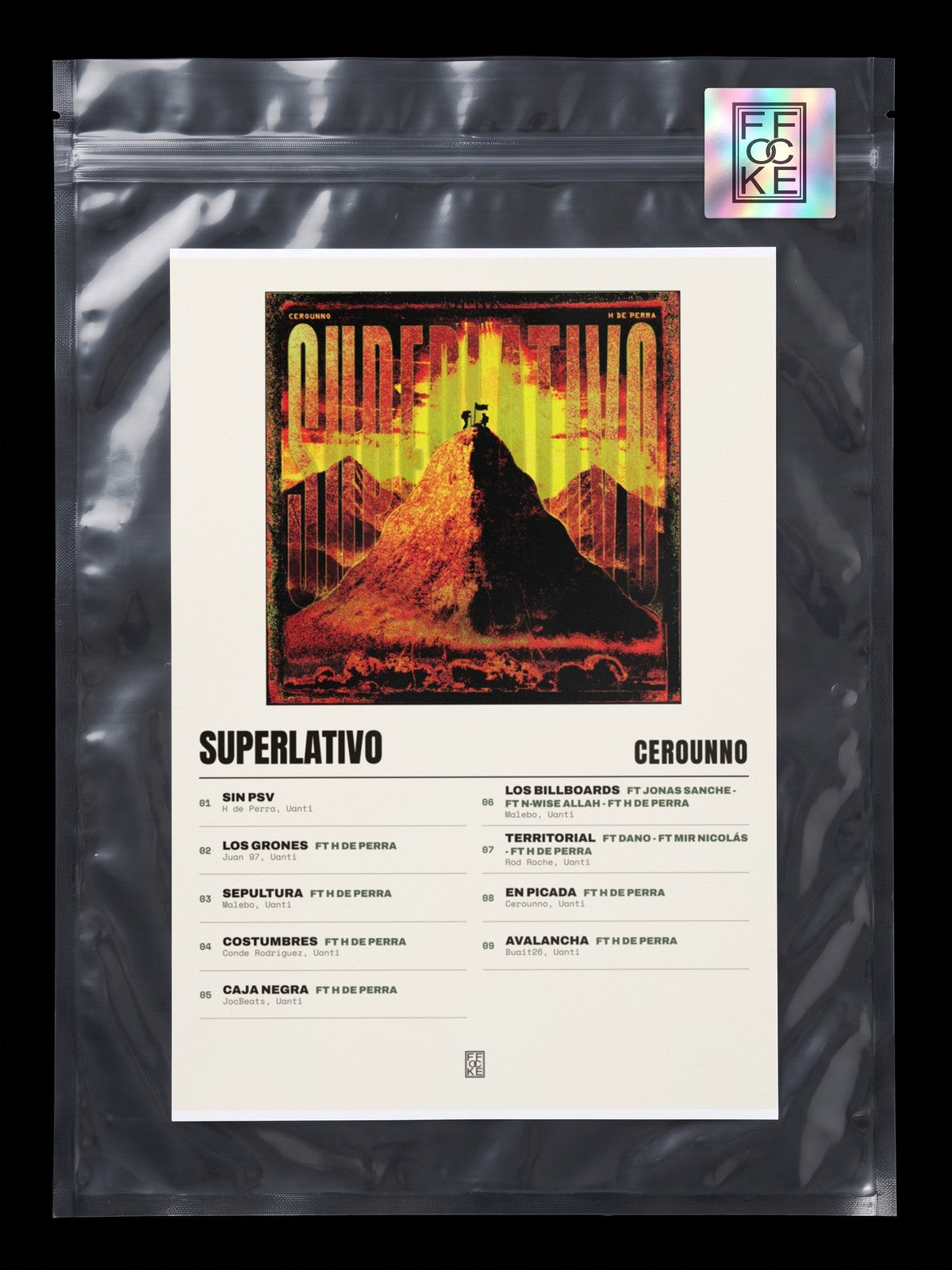 Póster de SUPERLATIVO de Cerounno en una bolsa sellada con sticker FFOCKE