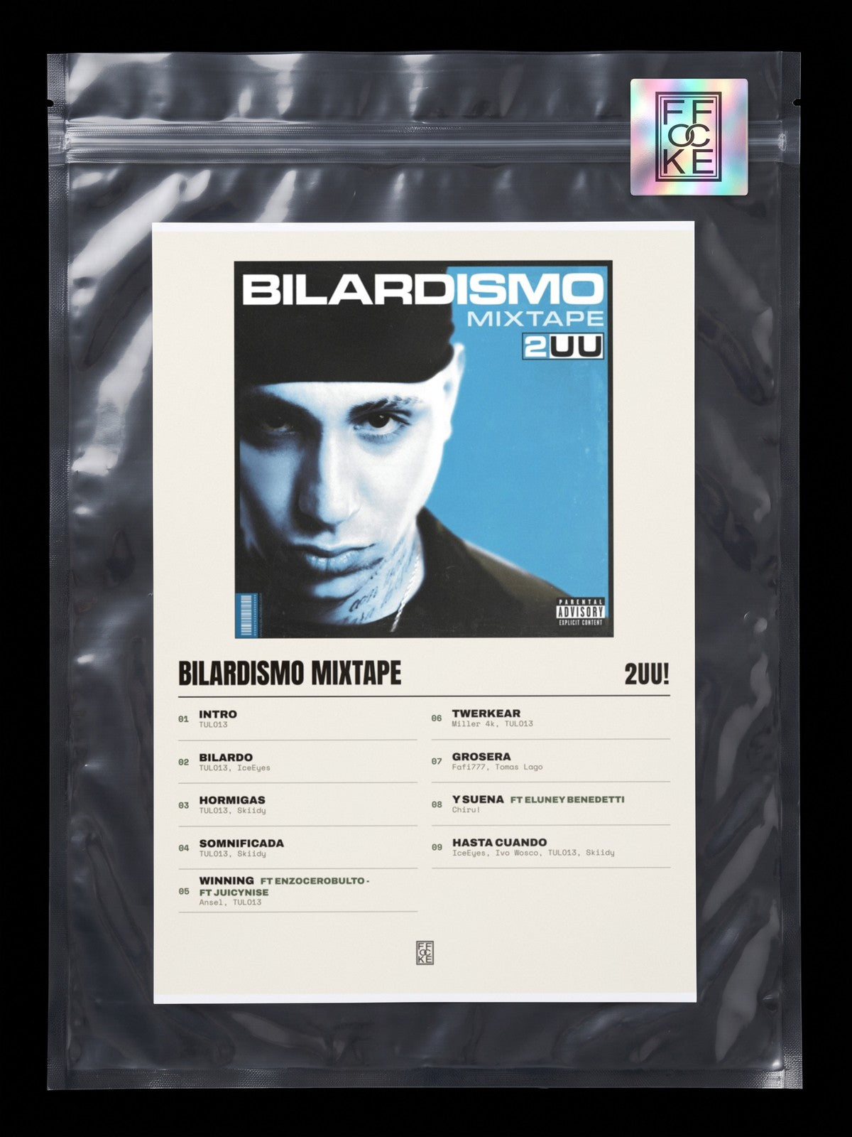 Póster de Bilardismo Mixtape de 2UU! en una bolsa sellada con sticker FFOCKE