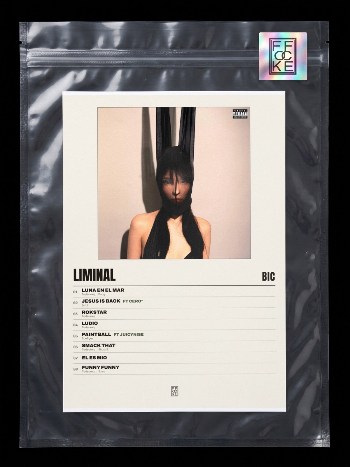 Póster de liminal de BIC en una bolsa sellada con sticker FFOCKE