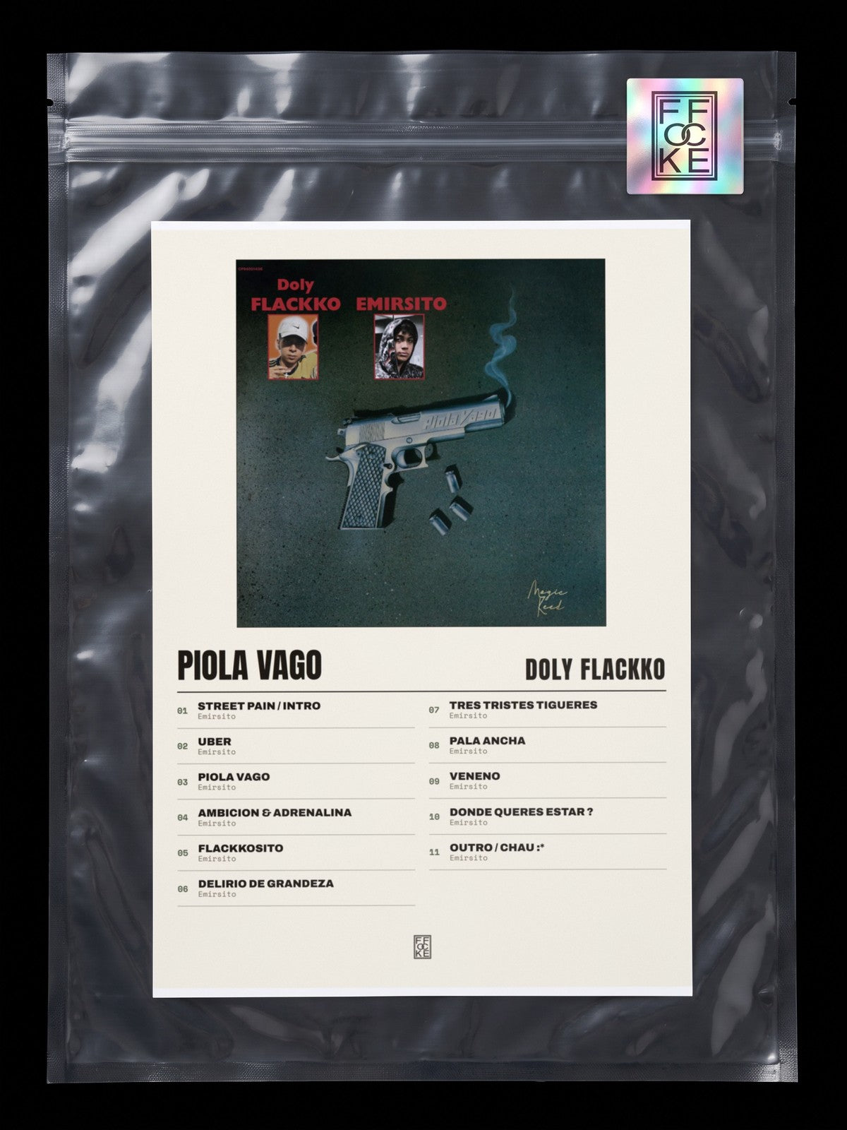 Póster de Piola Vago de Doly Flackko en una bolsa sellada con sticker FFOCKE