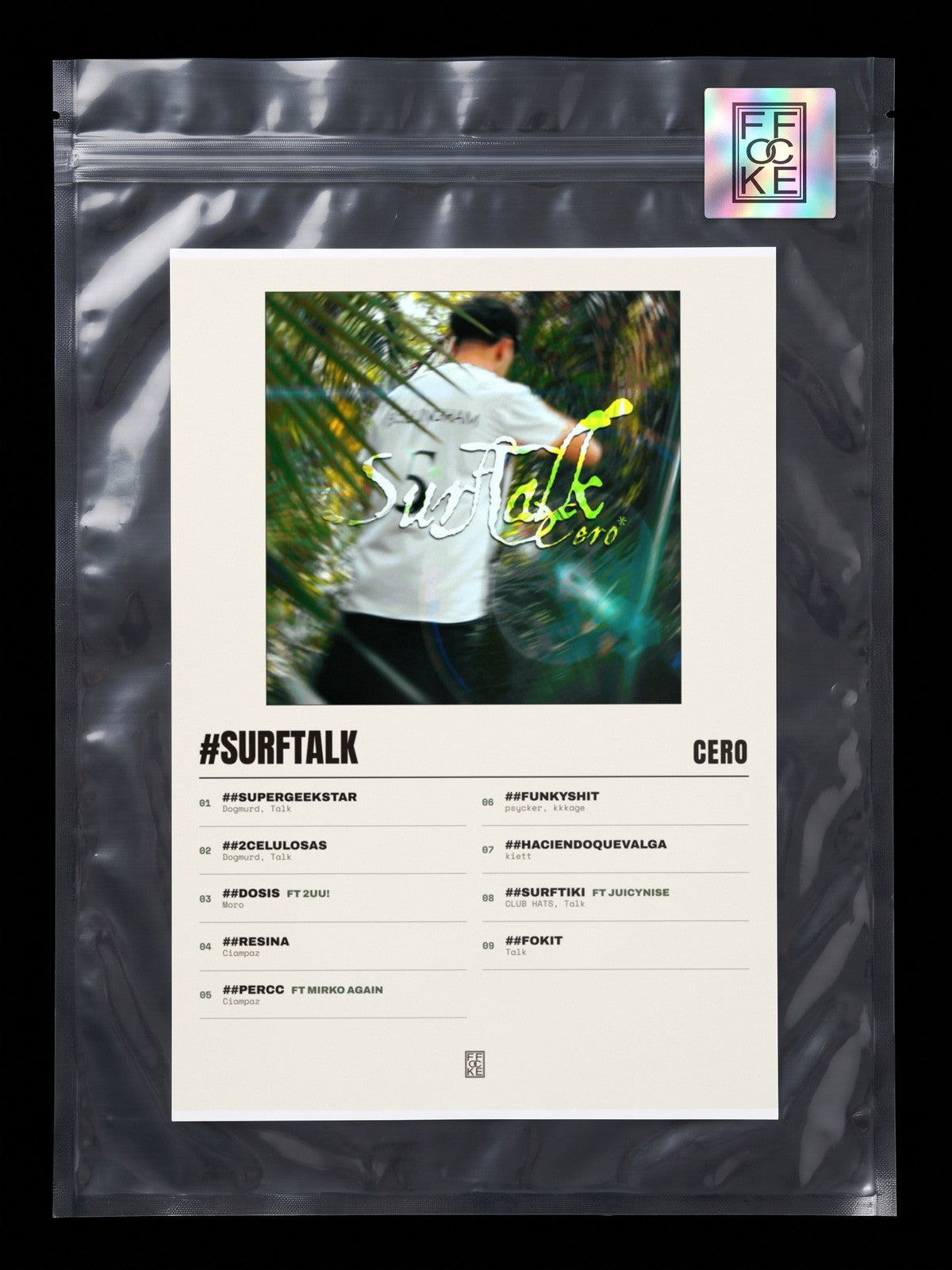 Póster de #SurfTalk de cero* en una bolsa sellada con sticker FFOCKE
