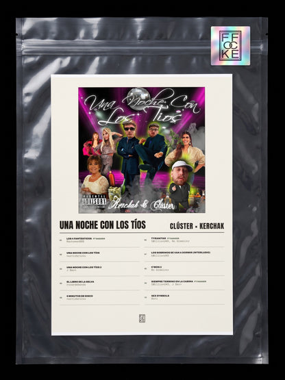 Póster de Una Noche Con Los Tíos de Clúster × KERCHAK en una bolsa sellada con sticker FFOCKE