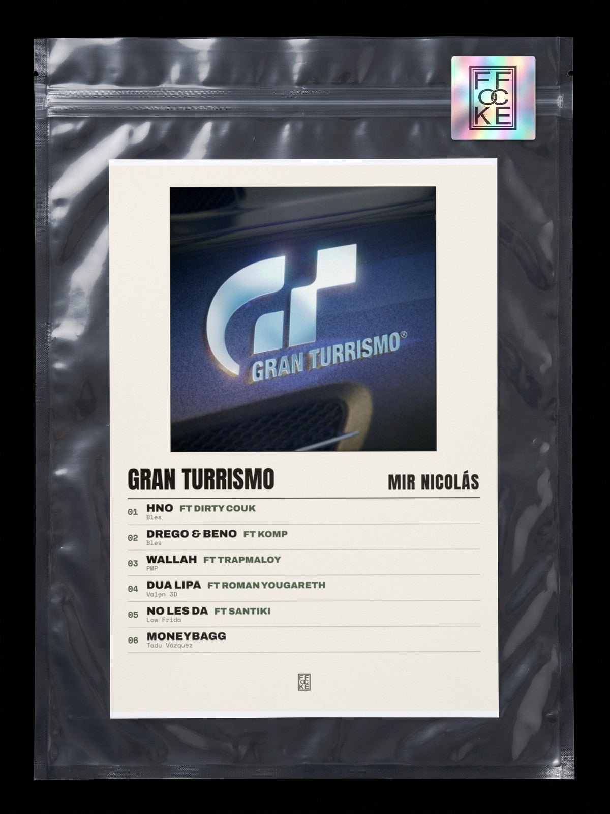 Póster de Gran Turrismo de Mir Nicolás en una bolsa sellada con sticker FFOCKE
