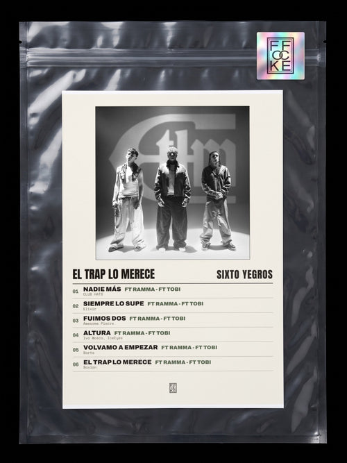Póster de EL TRAP LO MERECE de Sixto Yegros en una bolsa sellada con sticker FFOCKE