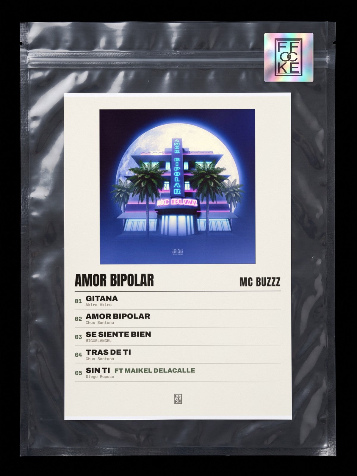 Póster de Amor Bipolar de MC Buzzz en una bolsa sellada con sticker FFOCKE