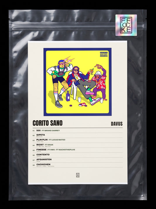 Póster de Corito Sano de Davus en una bolsa sellada con sticker FFOCKE