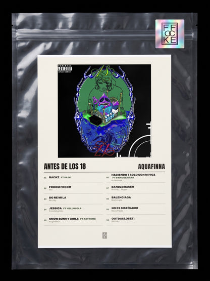 Póster de Antes De Los 18 de AQUAFINNA en una bolsa sellada con sticker FFOCKE