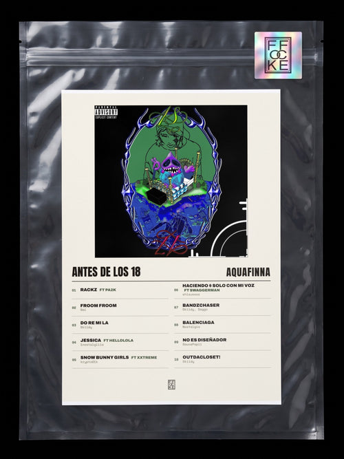Póster de Antes De Los 18 de AQUAFINNA en una bolsa sellada con sticker FFOCKE