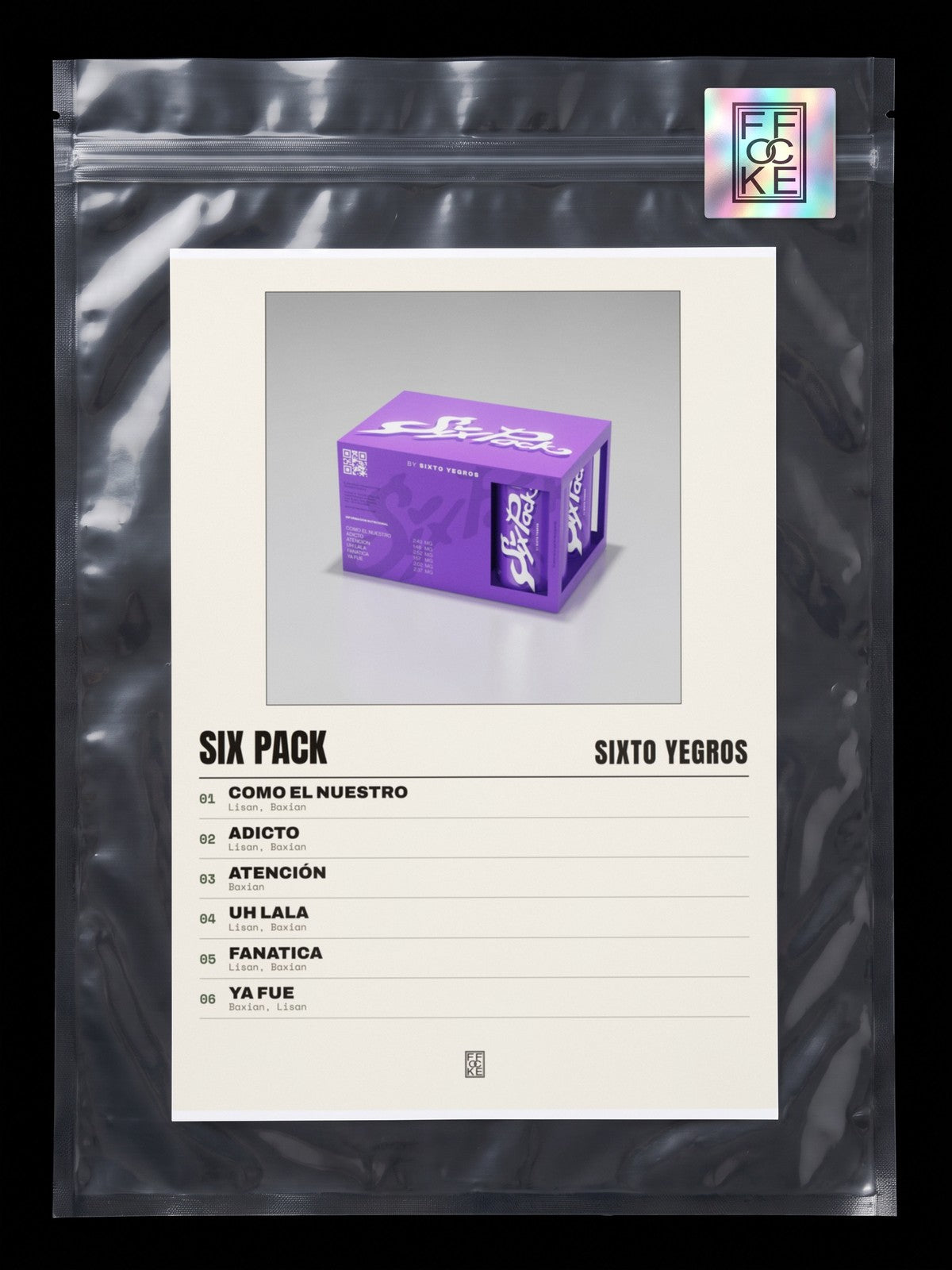 Póster de SIX PACK de Sixto Yegros en una bolsa sellada con sticker FFOCKE