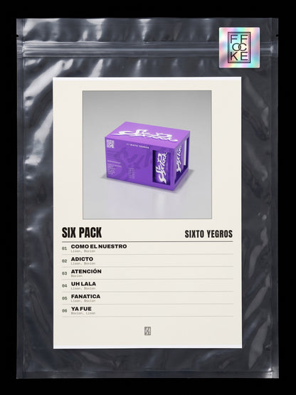 Póster de SIX PACK de Sixto Yegros en una bolsa sellada con sticker FFOCKE