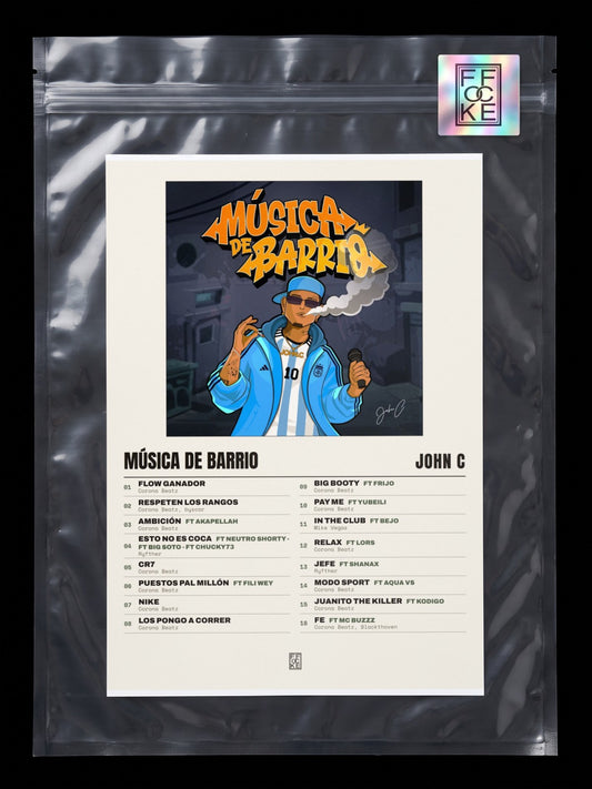 Póster de Música de Barrio de John C en una bolsa sellada con sticker FFOCKE